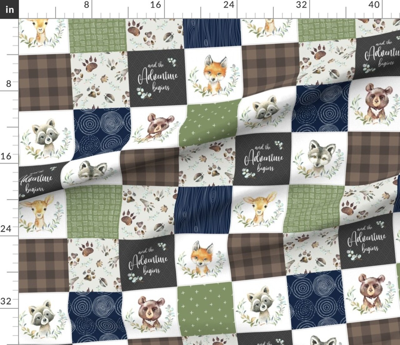 Cute Woodland Forest Nursery Blue Brown Green Cheater Quilt Deer Bear Fox Raccoon Baby Boy Custom Printed Fabric by Spoonflower Various Fabrics by the Yard or Fat Quarter